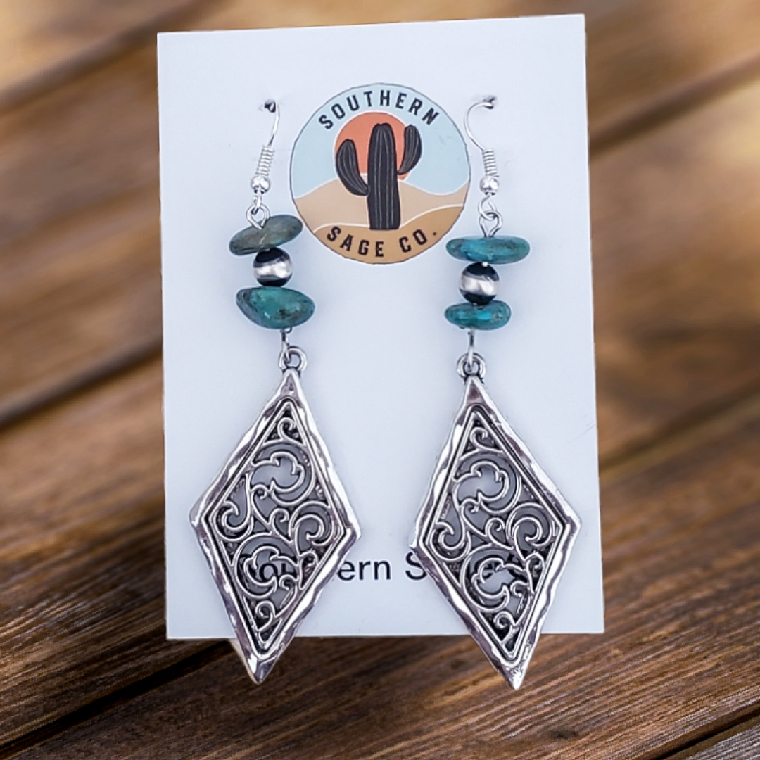 Diamond Shape Turquoise and Navajo Pearl Earrings Apparel & Accessories Southern Sage Co.   